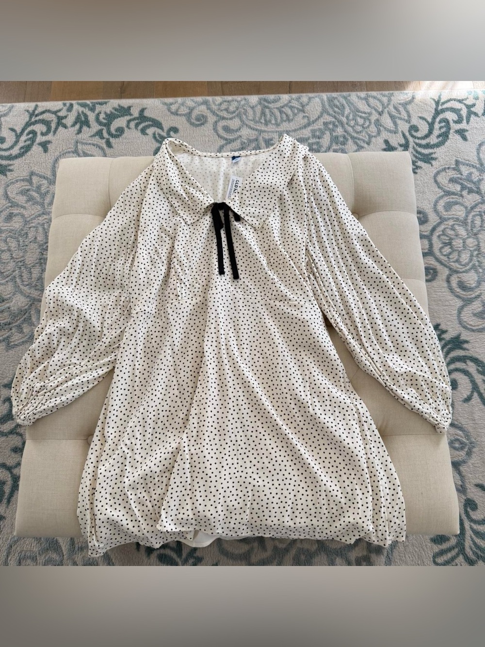 Cream Polka Dot Long Sleeve Dress with Black Bow